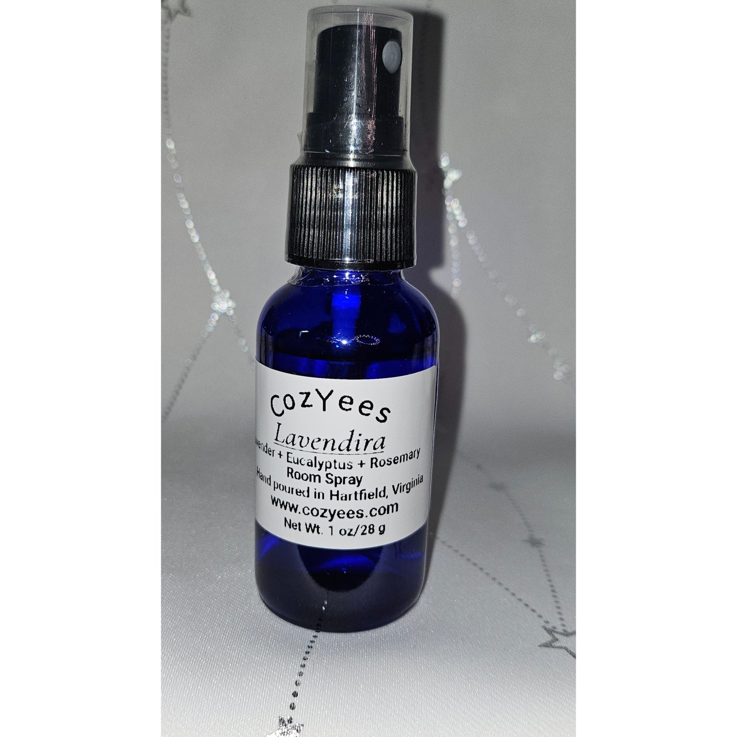 Cozyees Lavendina room spray bottle on a white background