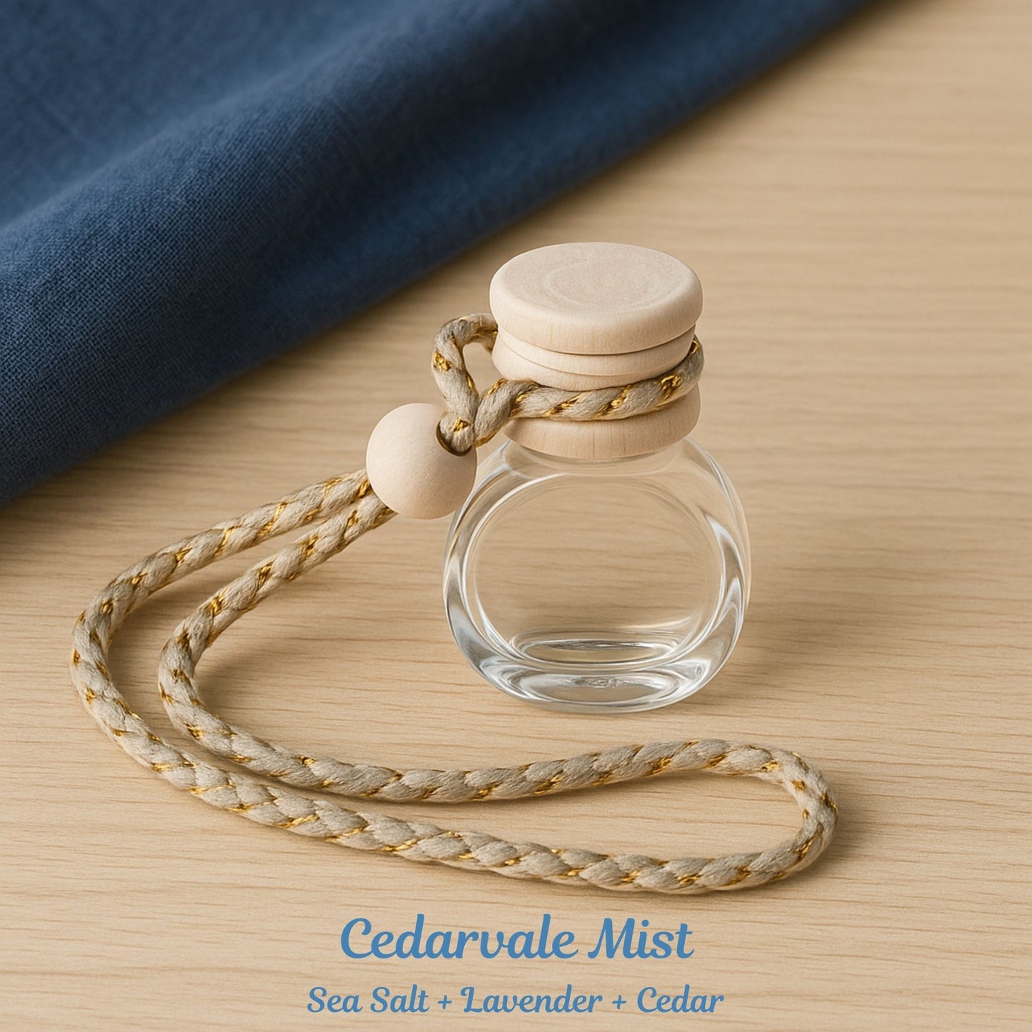 Clear glass bottle with wooden cap and rope on a wooden surface, labeled 'Cedarvale Mist'.