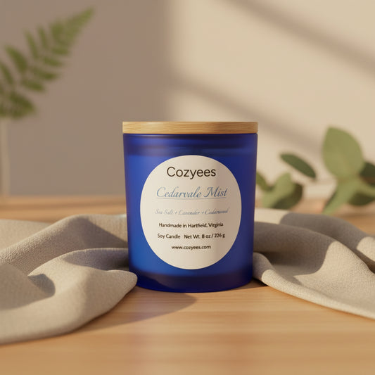 Cozyees-Cedarvale candle in blue jar