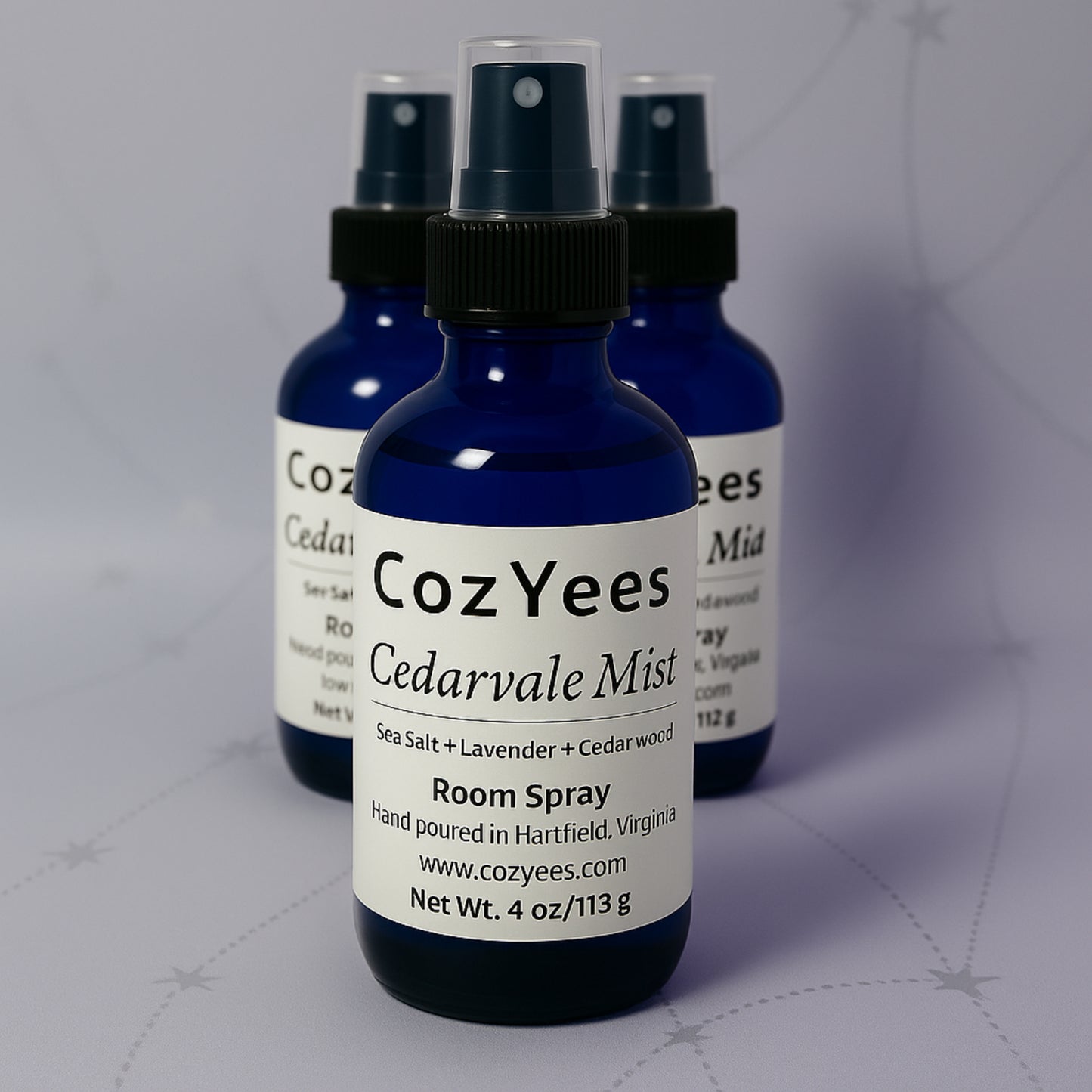Group of thrre blue Cedarvale Mist spray bottles