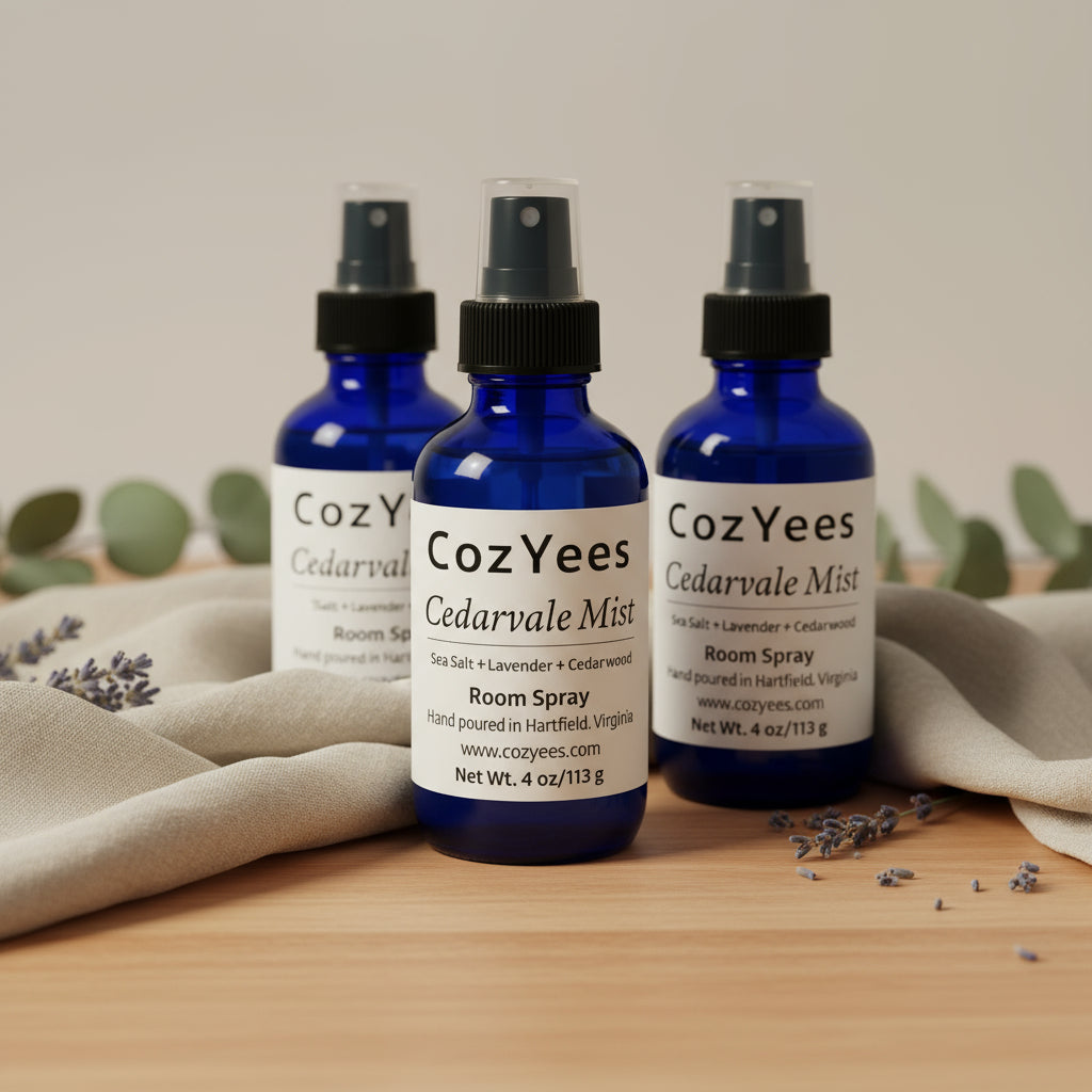 Group of thrre blue Cedarvale Mist spray bottles