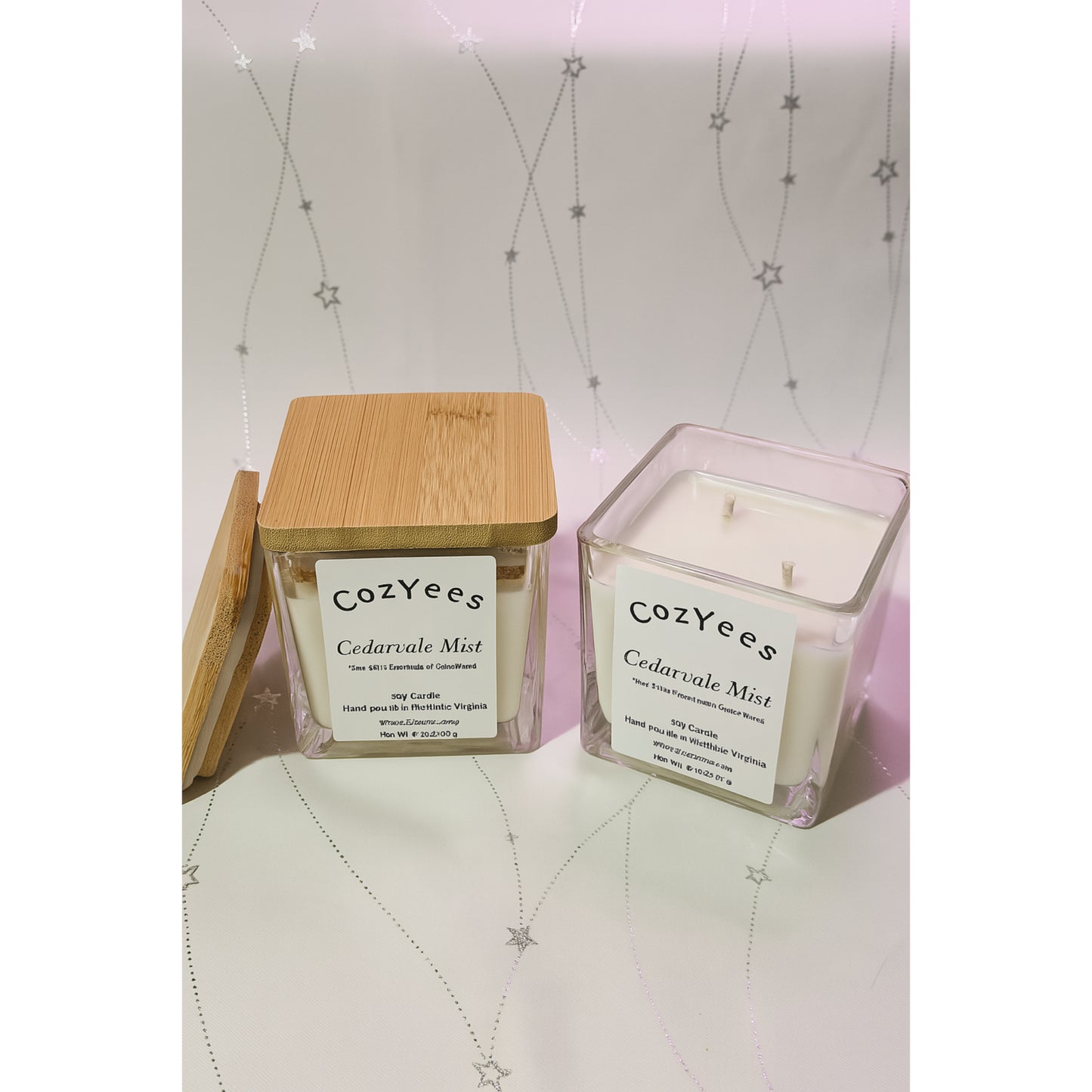 Cozyees Cedarvale Mist candle with wooden lid on a decorative surface