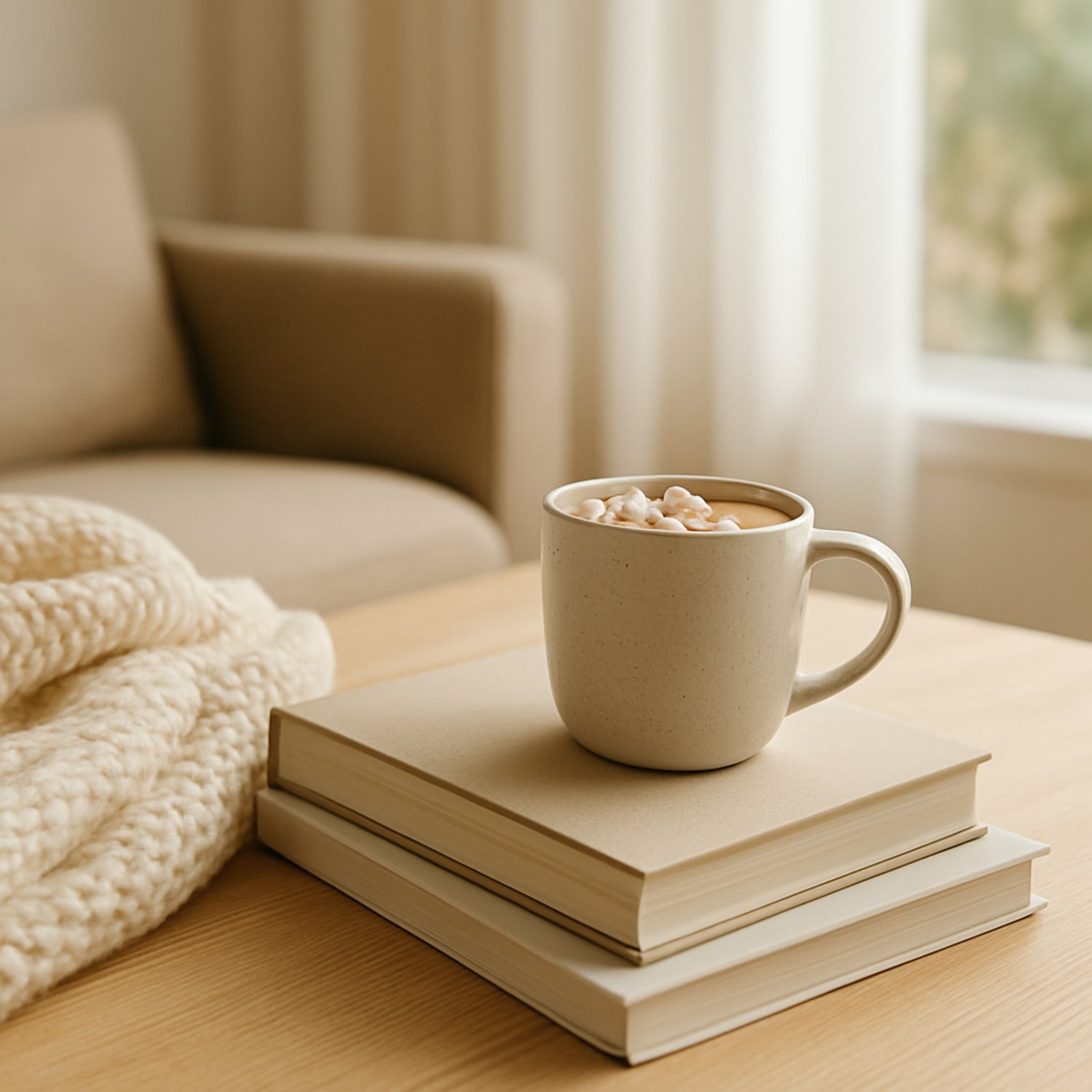 Cup of hot chocolate with marshmallows on a stack of books in a cozy living room.