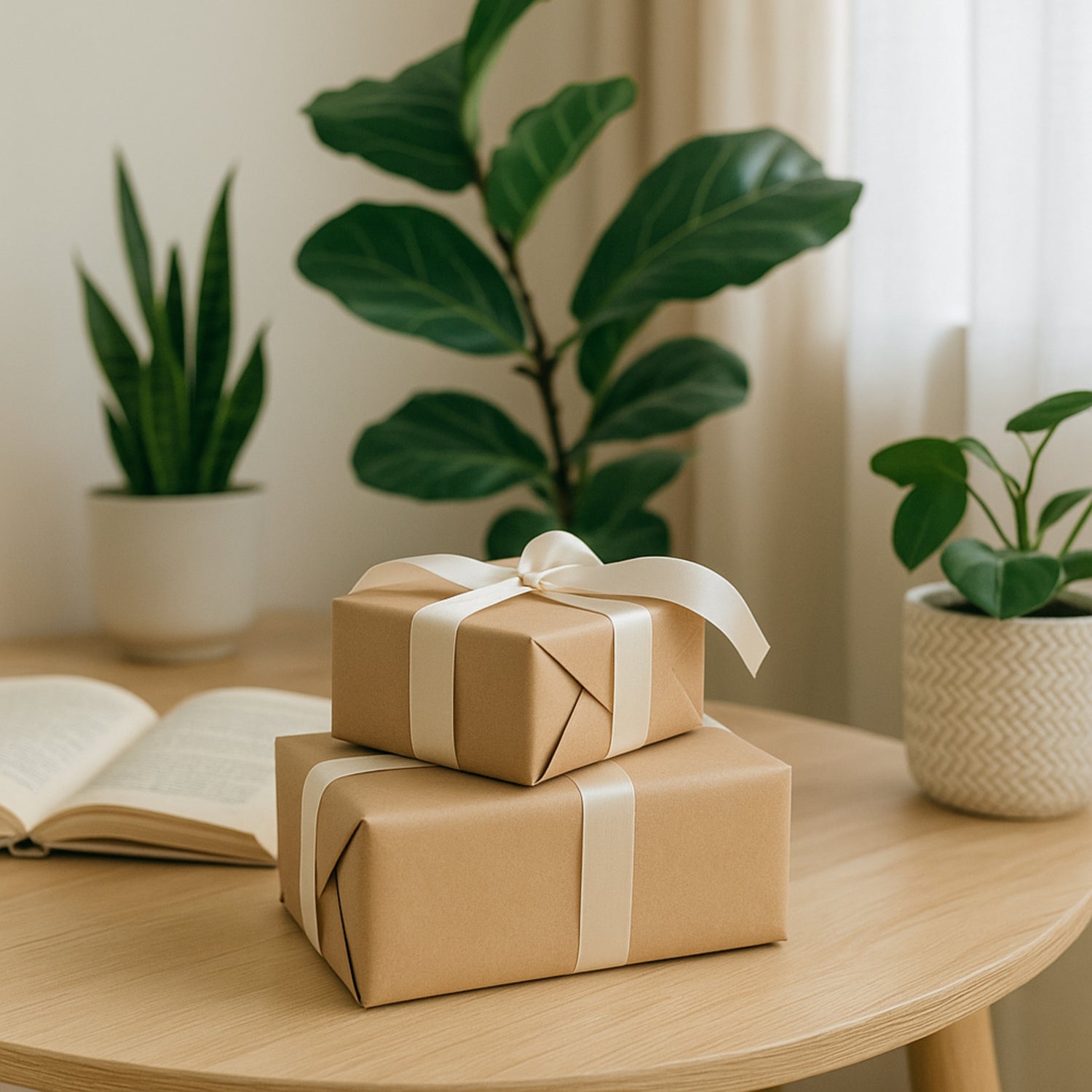 Two brown gift boxes with white ribbons on a wooden table with plants in the background