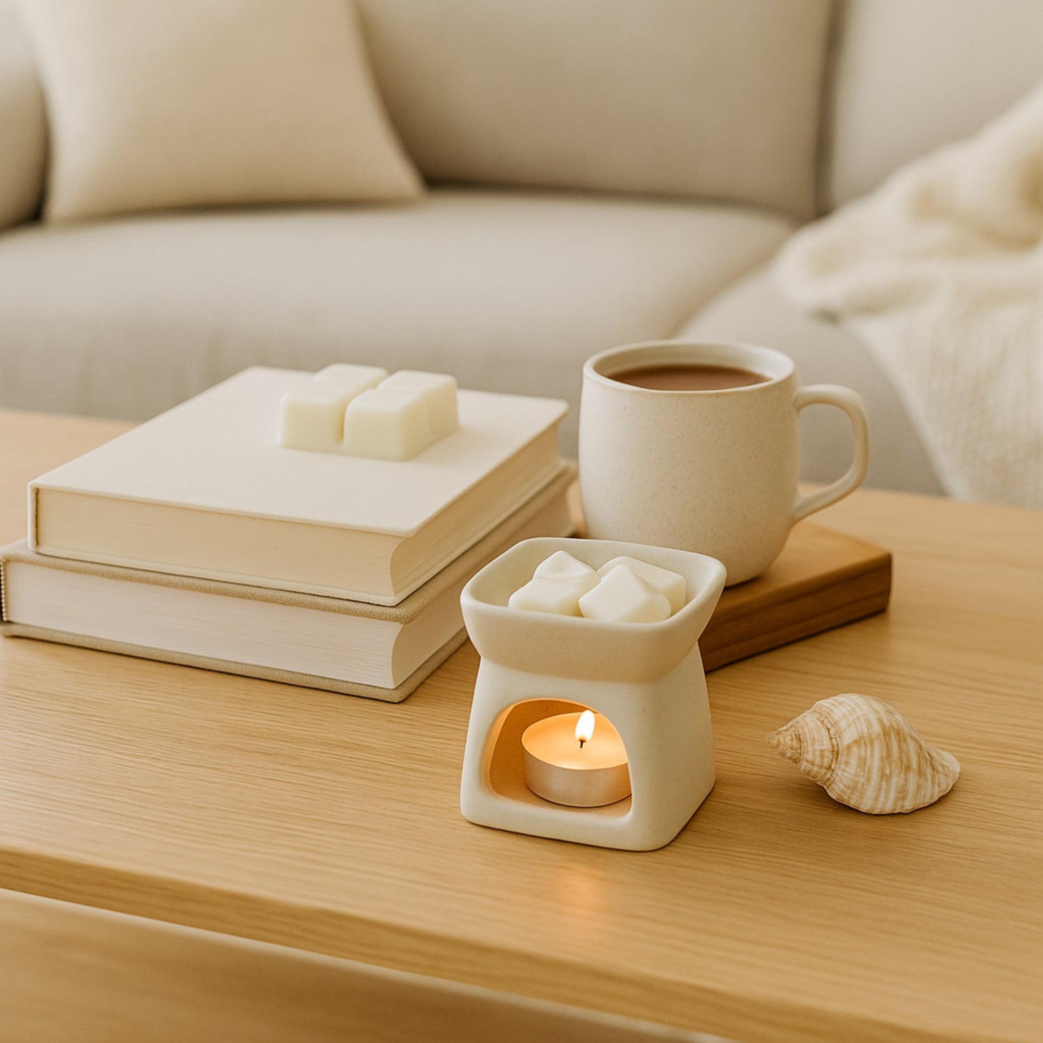 Candle warmer with wax melts, a cup of coffee, books, and a shell on a wooden table.