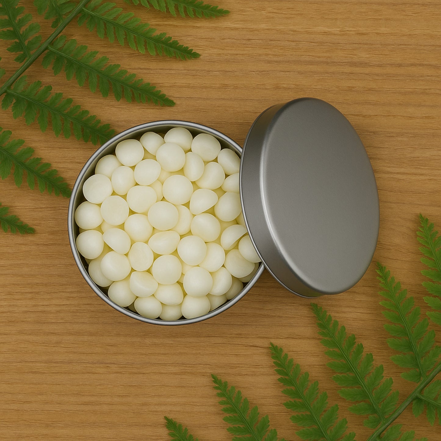 Cozyees wax dots in silver tin on wood table with greenery.