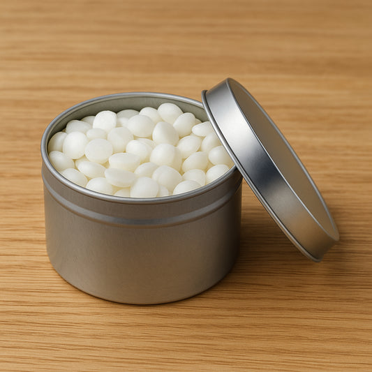 Metal tin filled with Cozyees wax dots on a wooden surface