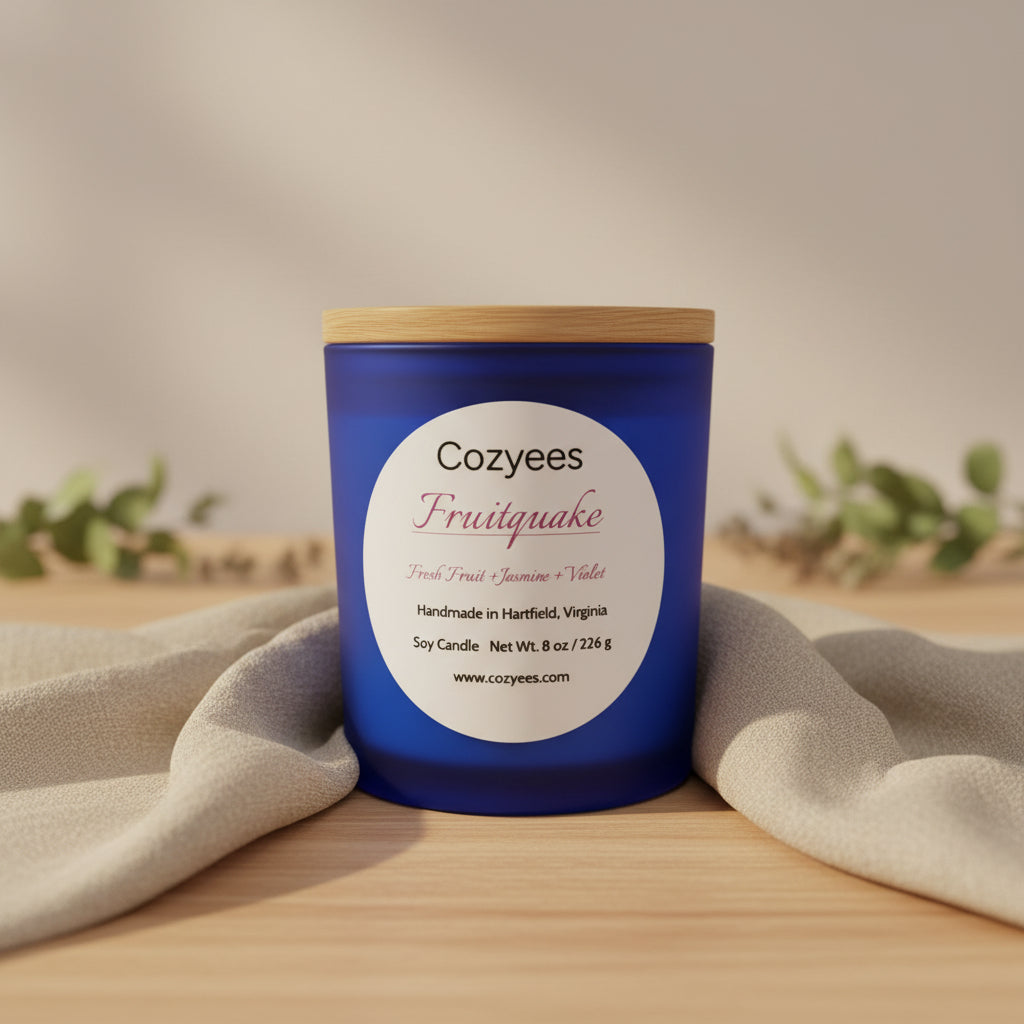 Cozyees-Fruitquake candle in blue jar