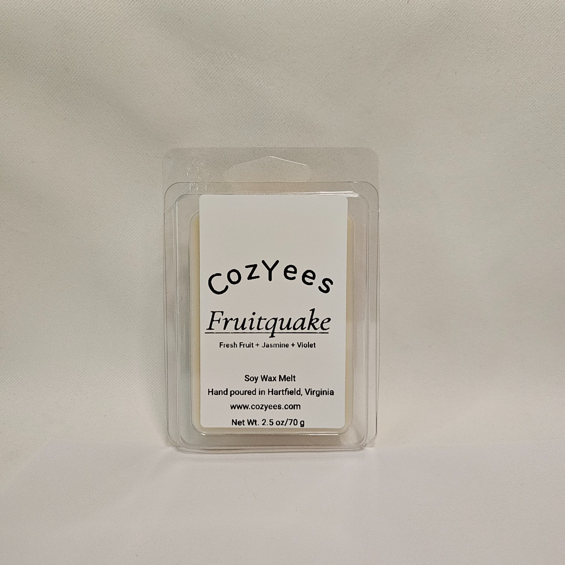 CozyYees Fruitquake scented wax melt packaging on a light gray background