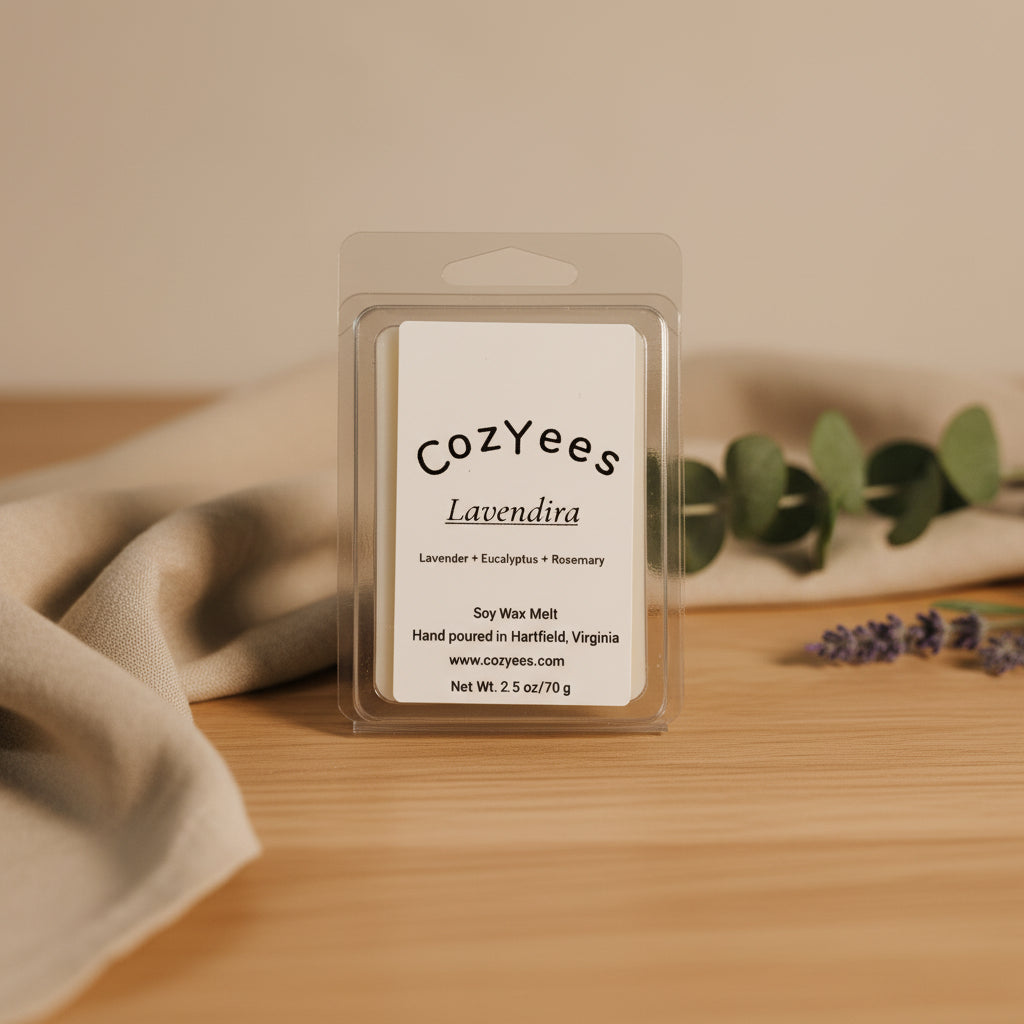 CozYees Lavendira wax melt packaging on a gray background
