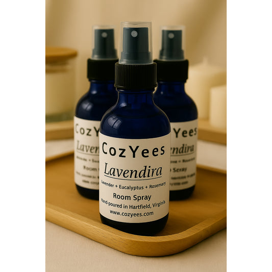 CozYees Lavendira room spray bottles on a wooden tray with a neutral background