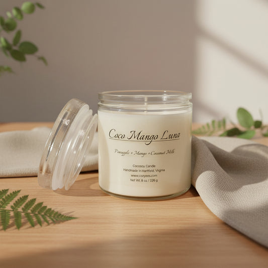 Candle jar with a label on a white background