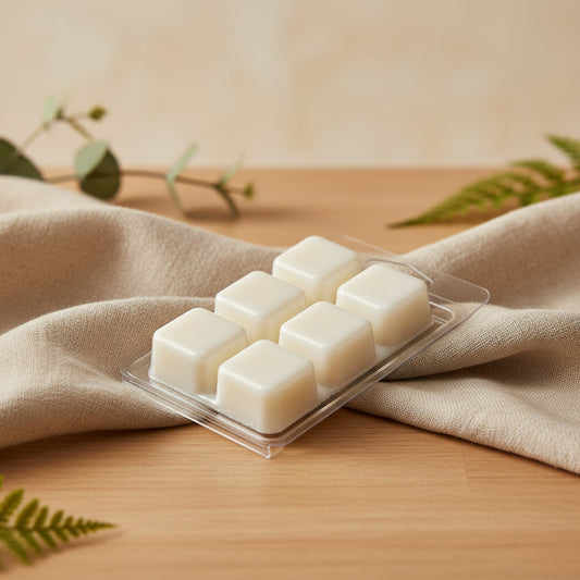 Pack of four white wax melts in a clear plastic packaging on a light gray background