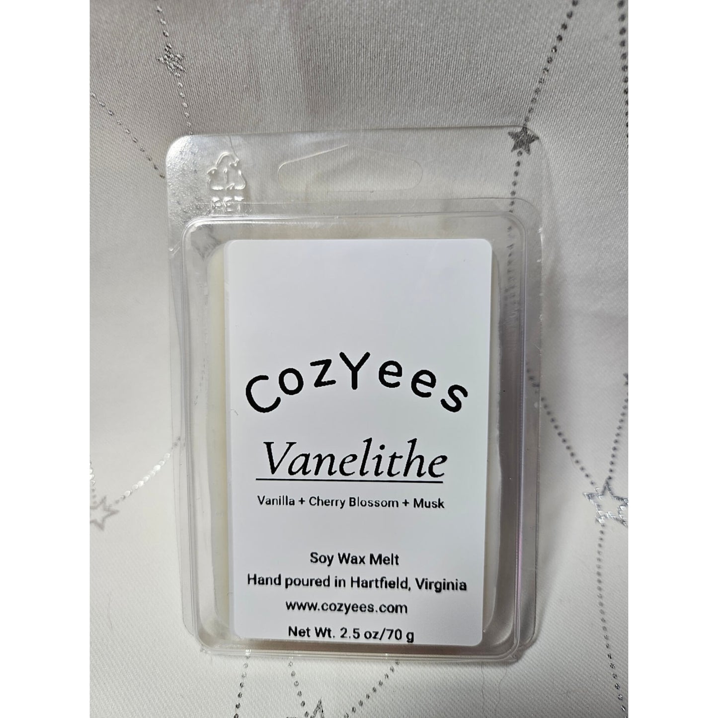 CozYees Vanelithe soy wax melt package on a white background
