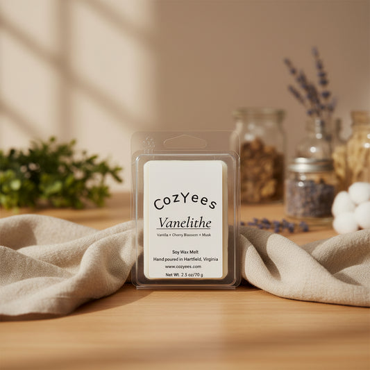 CozYees Vanelithe soy wax melt package on a white background