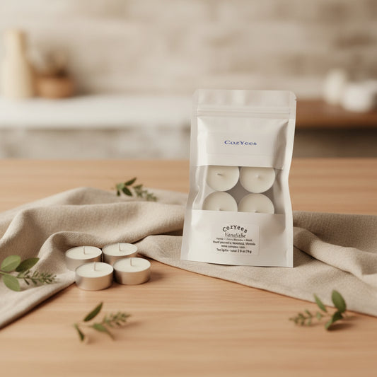 Tea lights in a Cozyees packaging on a dark background with colorful plants