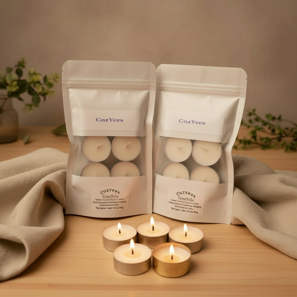 Cozyees candles in packaging on a matching purple background