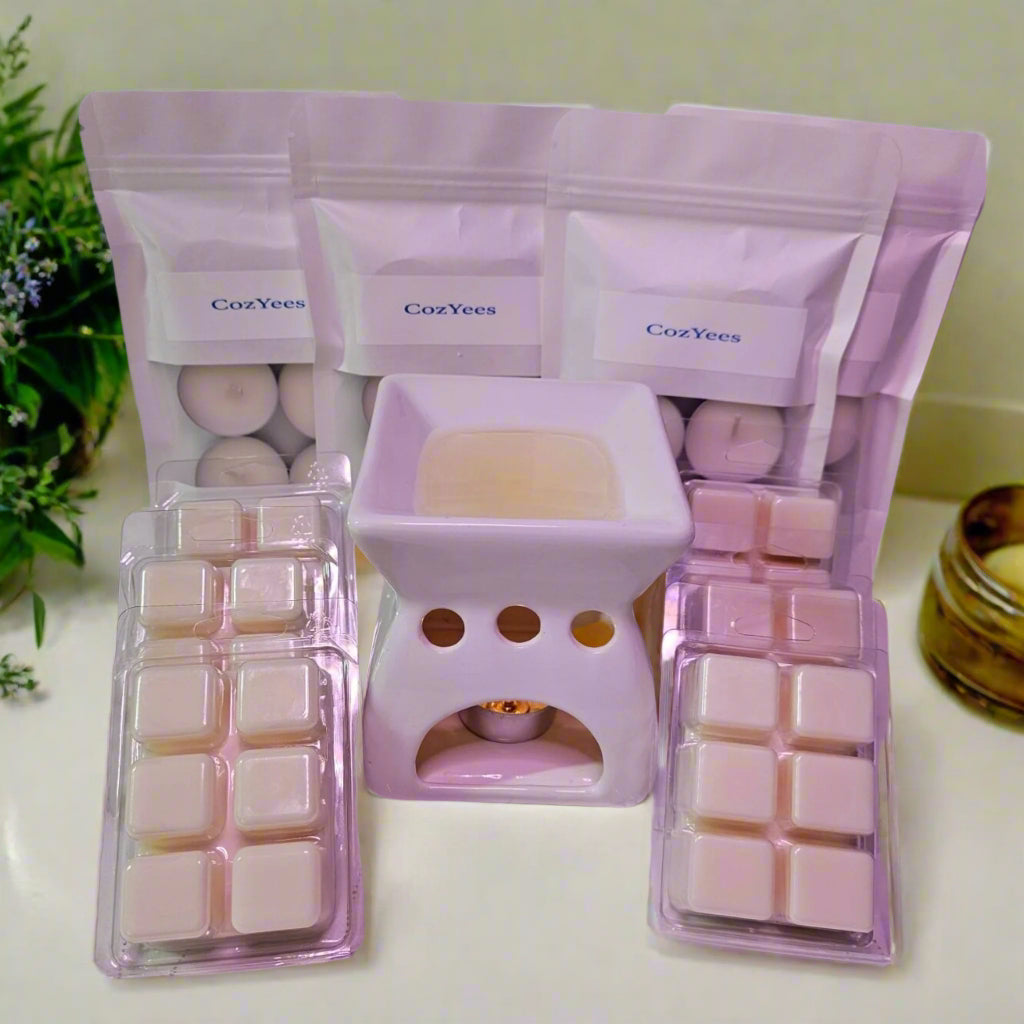 Cozyes wax melts and warmer set on a patterned surface