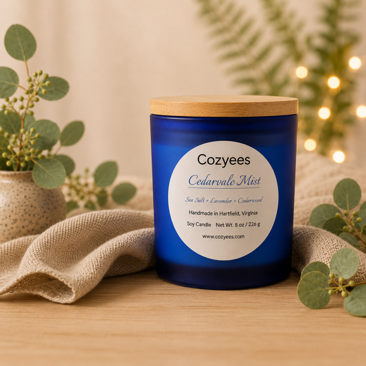 cozyees soy candle in a blue jar