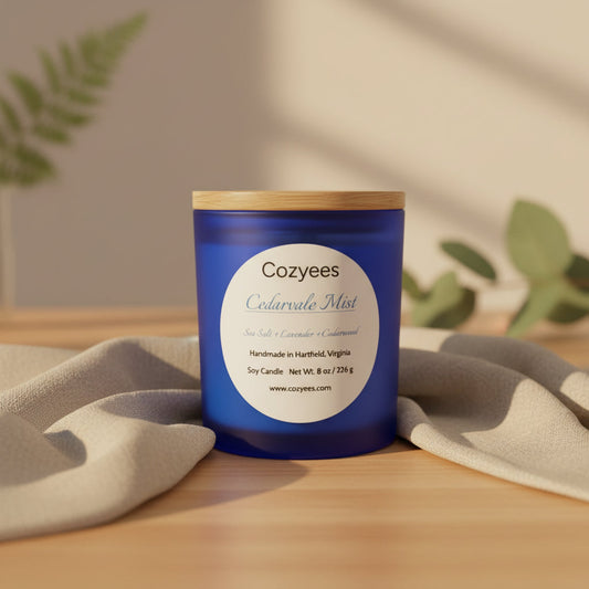 Cozyees Cedarvale Mist candle in blue jar