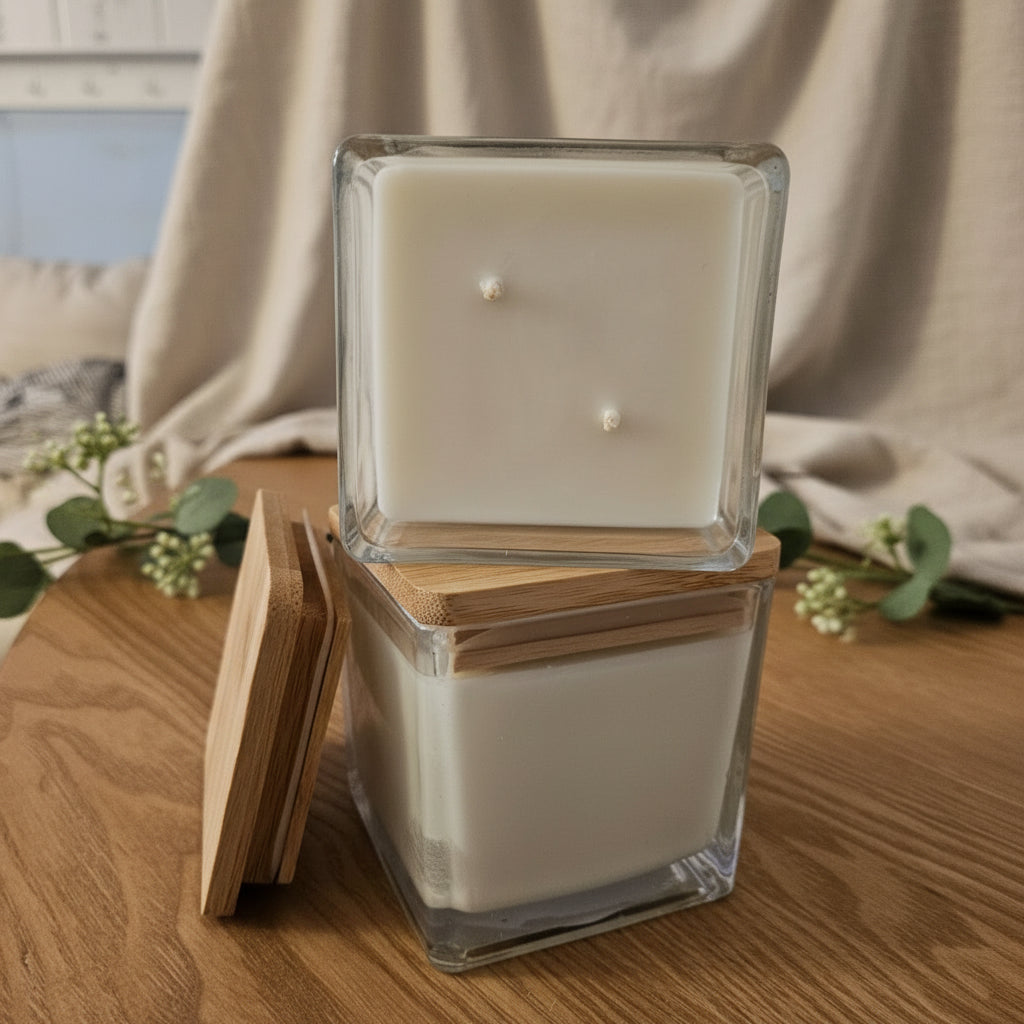 Cozyees Soy Candles stacked in clear square jars.