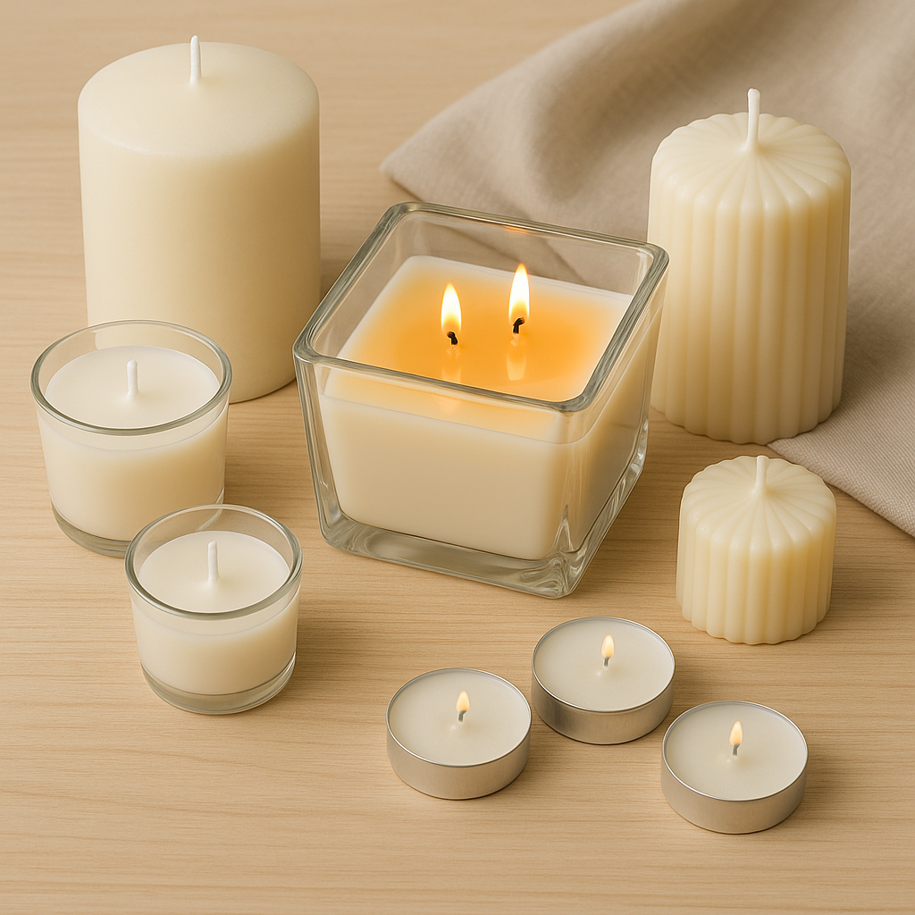 Cozyees assorted candles on wood table