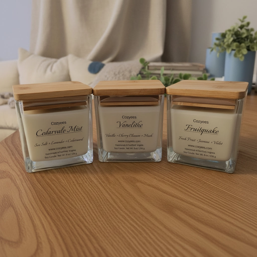 Cozyees assorted square candles in clear jars on wood table