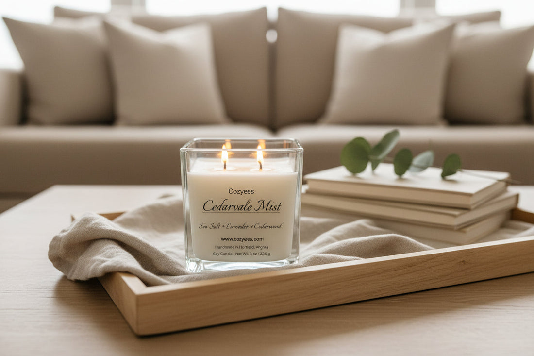 Cozyees soy candle burning in a square glass jar on a wooden tray in a cozy winter home setting