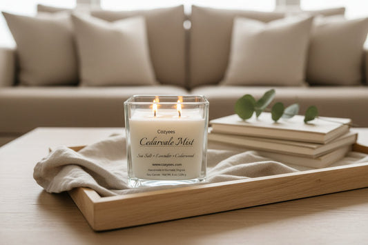 Cozyees soy candle burning in a square glass jar on a wooden tray in a cozy winter home setting