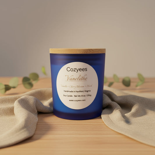 Cozyees Vanelithe soy candle in a blue jar