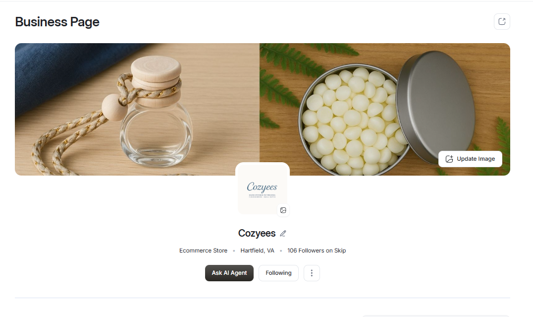 Cozyees business page on the hello skip website