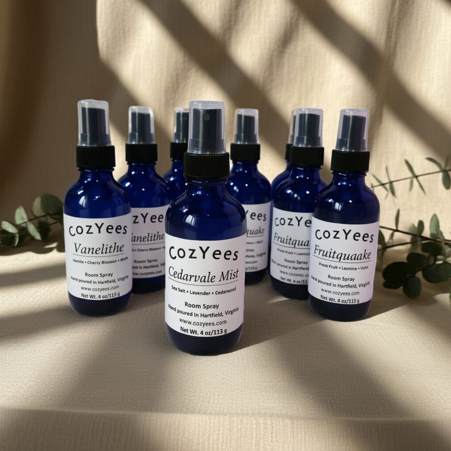 Blue bottle on linen background