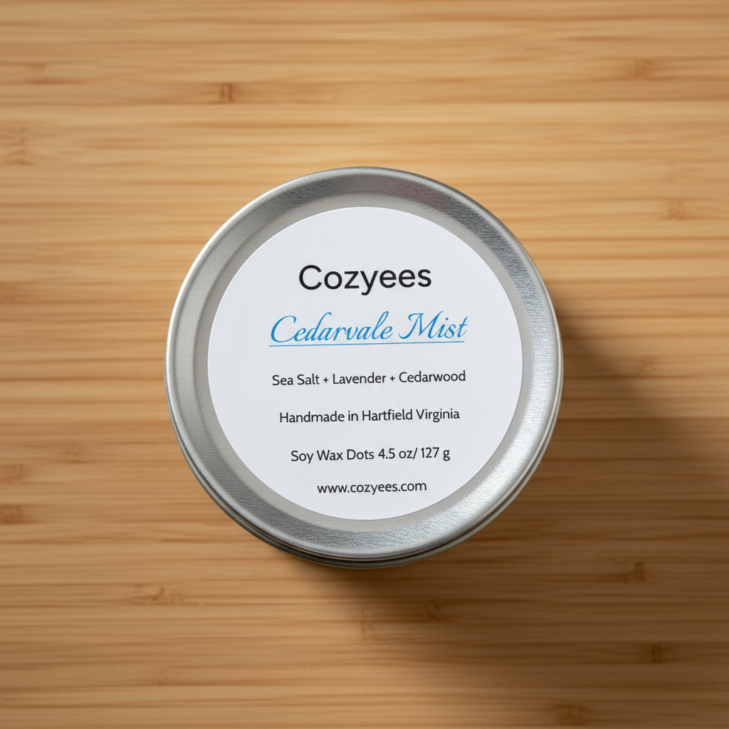 Cozyees Cedarvale Mist candle tin lid with product details on a gray background