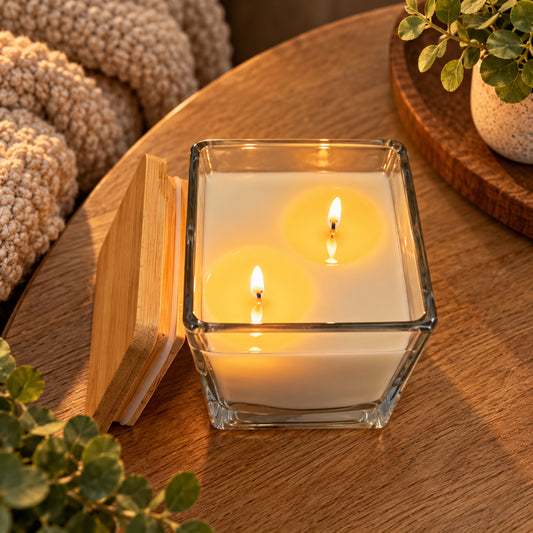 A lit square glass candle with two wicks and white wax sits on a wooden table, with its bamboo lid leaning beside it. The scene includes cozy home decor elements like a knitted blanket, potted plants, and a wooden tray.