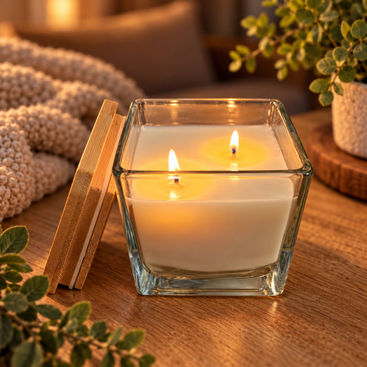 A square glass jar candle with two lit wicks, filled with white wax, sits on a wooden table in a cozy indoor setting with a knit blanket, plants, and warm ambient lighting.