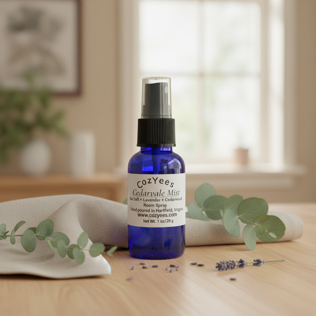Cozyees Cedarmere Mist room spray bottle on a wooden surface with eucalyptus leaves and lavender flowers.