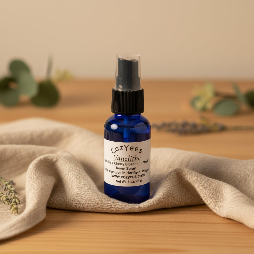 Cozyees Vanelithe room spray bottle on a wooden surface with a beige cloth and greenery in the background