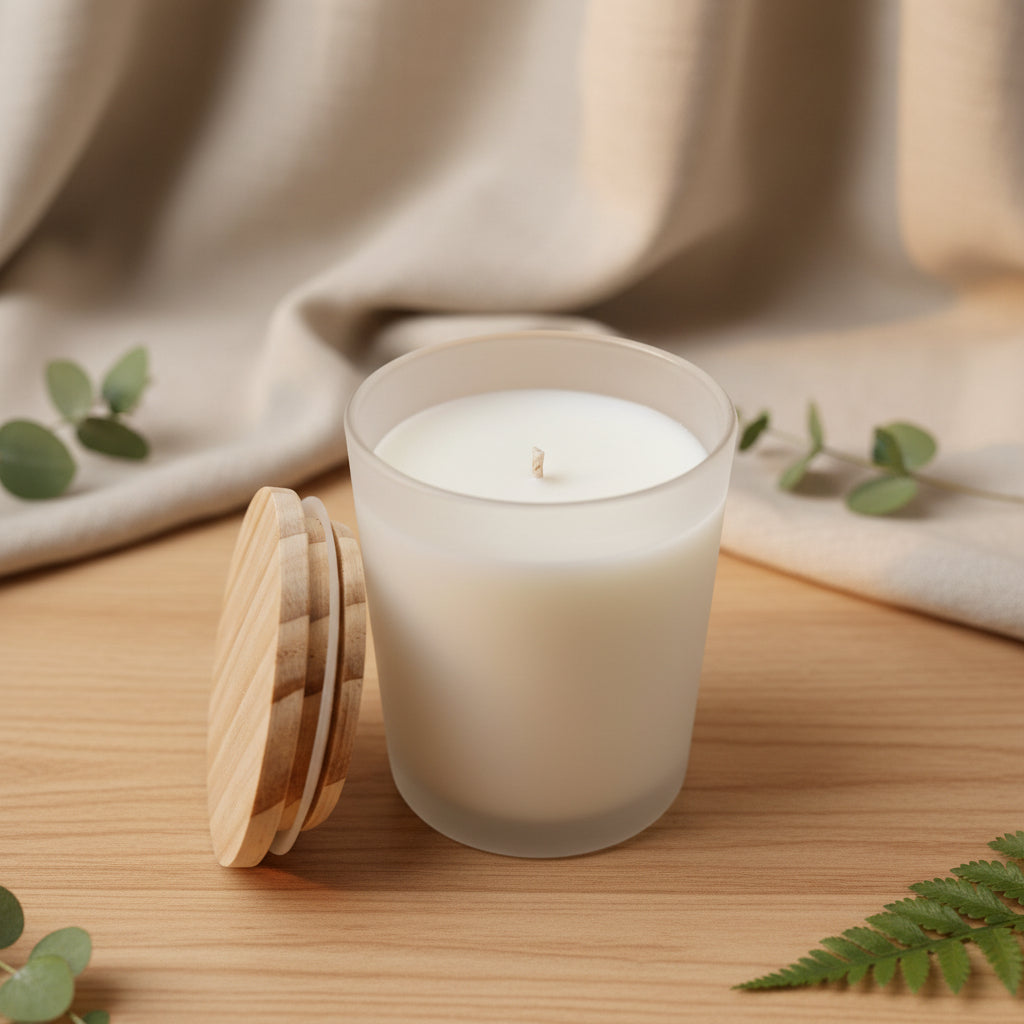 White candle in a glass container with a wooden lid on a gray background