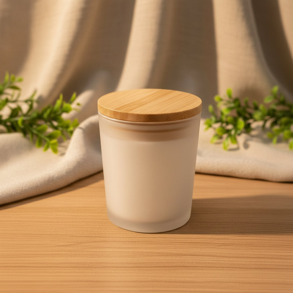 White cylindrical container with a wooden lid on a gray background