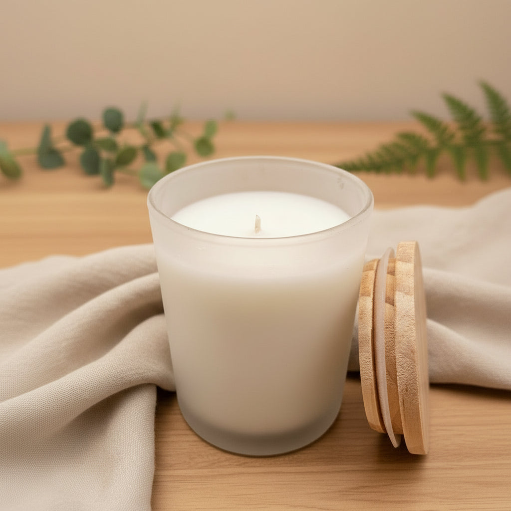 White candle in a glass jar with a wooden lid on a gray background