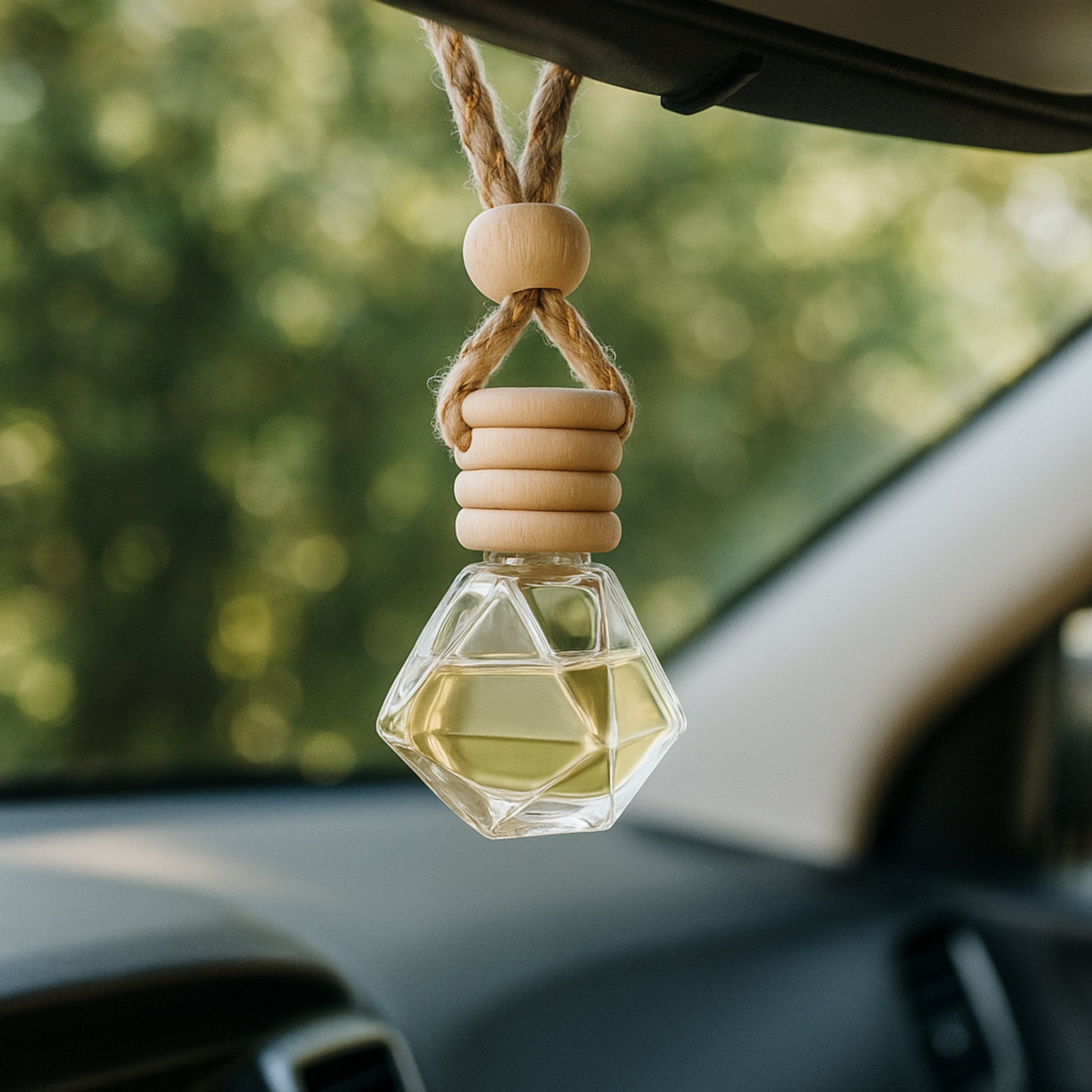 Cozyees-angled glass car diffuer hanging on rearview mirror.