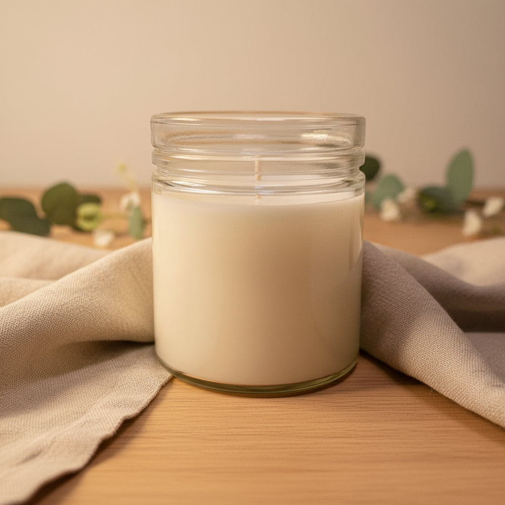 Clear glass jar with a white candle on a light pink background