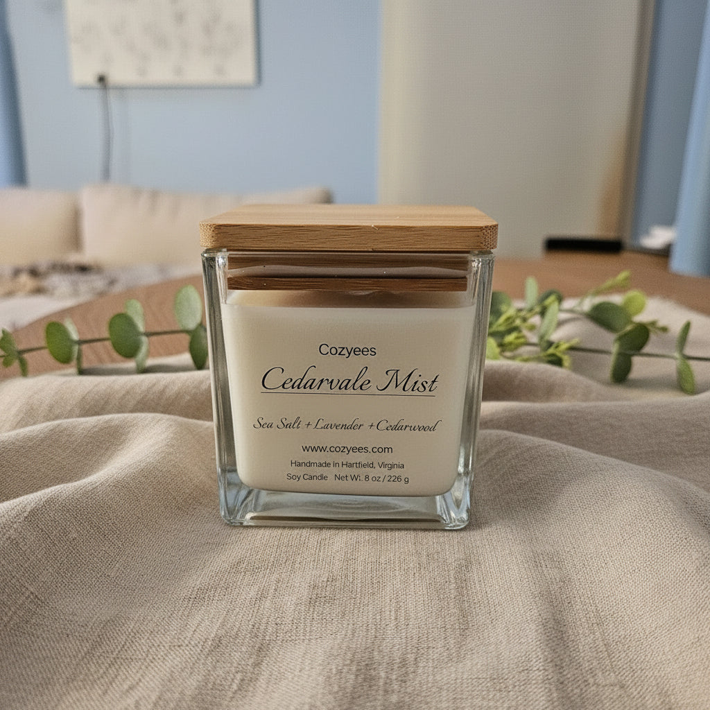 Cozyees Cedarvale Mist candle on a wooden surface