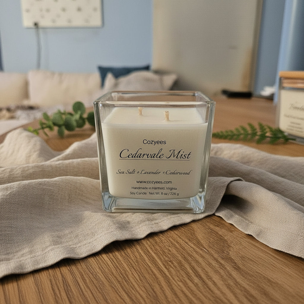 Cozyees-Cedarvale Mist candle in a clear square jar on wood table