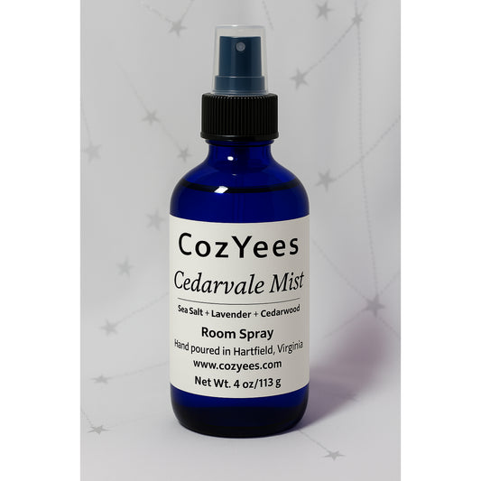Single blue bottle of Cedarvale Mist room spray