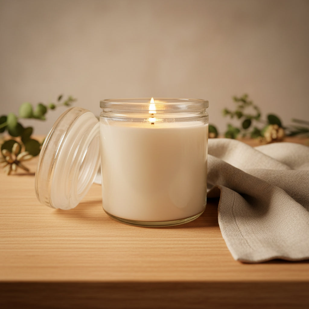 Lit candle in glas jar on white background