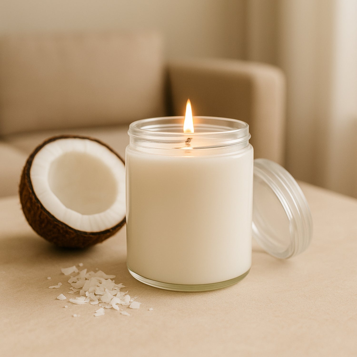 Coconut candle with a lit wick on a beige surface