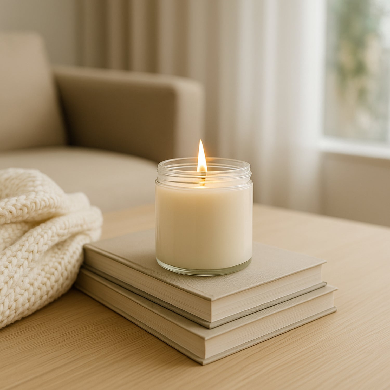Cozyees soy candle on books on a wood table
