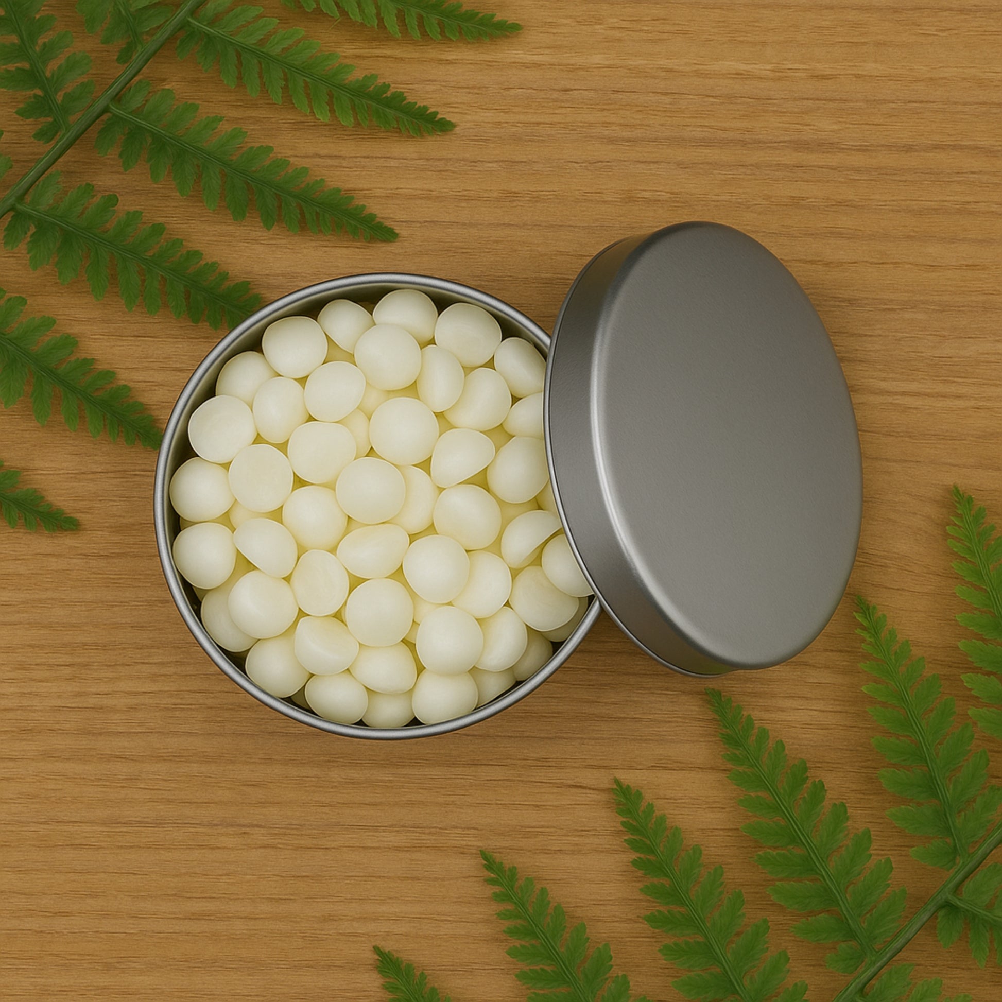 Cozyees wax dots in silver tin on wood table with greenery.