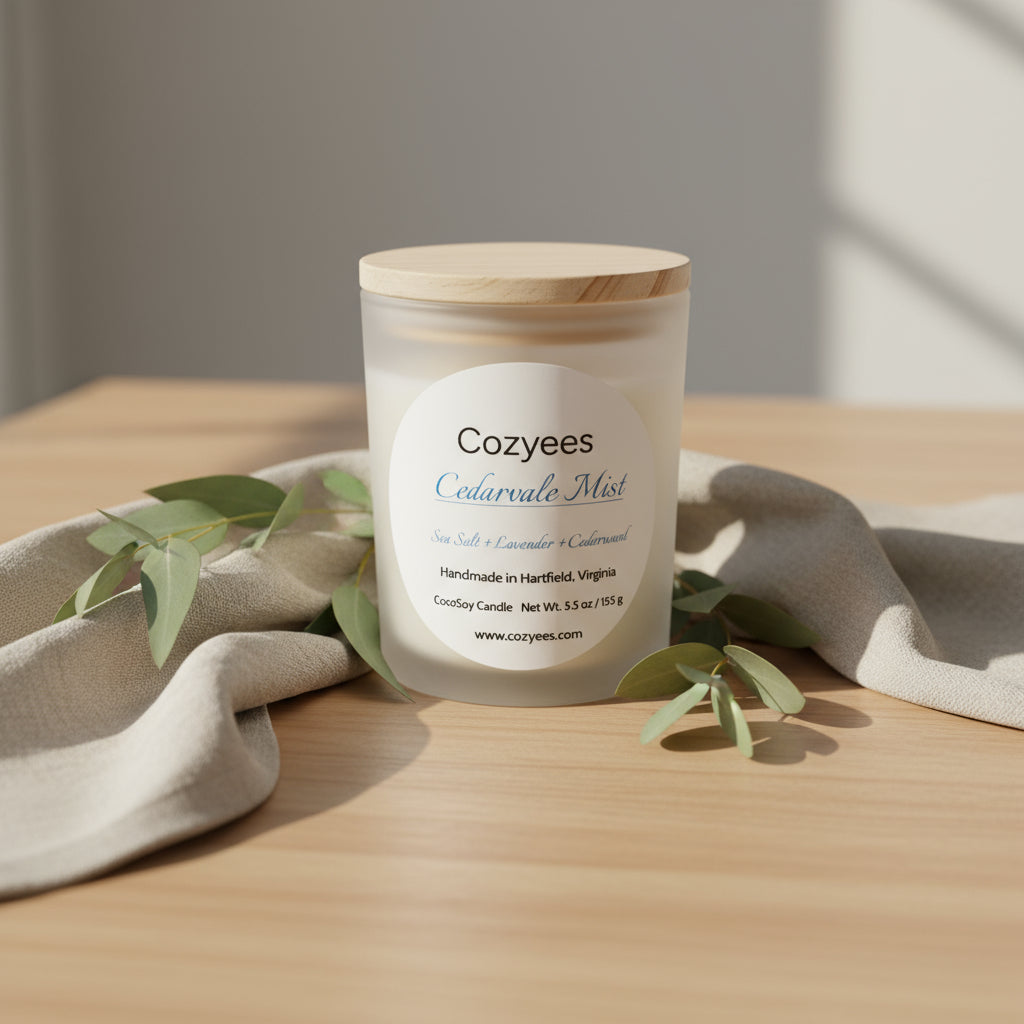 Candle with wooden lid labeled 'Cozyees Cedarvale Mist' on a gray background